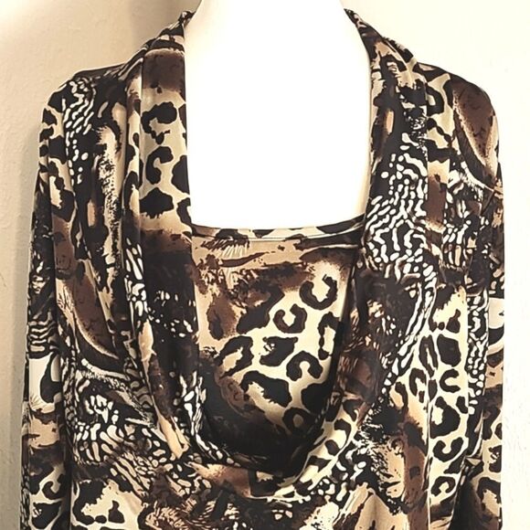 Notations Brown & Beige Animal Print Tunic with Long Cowl Neck, Size 1X - Picture 3 of 10